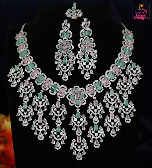 Wedding Choker Necklace Set with Earrings & Maang tikka| Pink Stone CZ Bridal Jewelry| American Diamond Statement Necklace| Party wear set