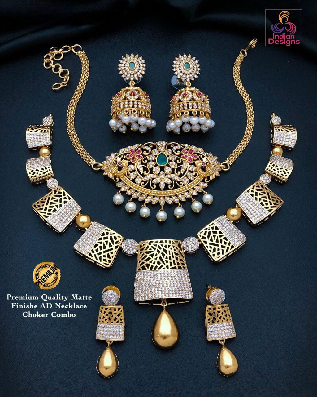 Matte Gold Choker & Short Necklace Combo Set| Wedding Combo Jewelry Set| AD Stone Ruby and Pearl Indian Temple jewelry set| Gift for her