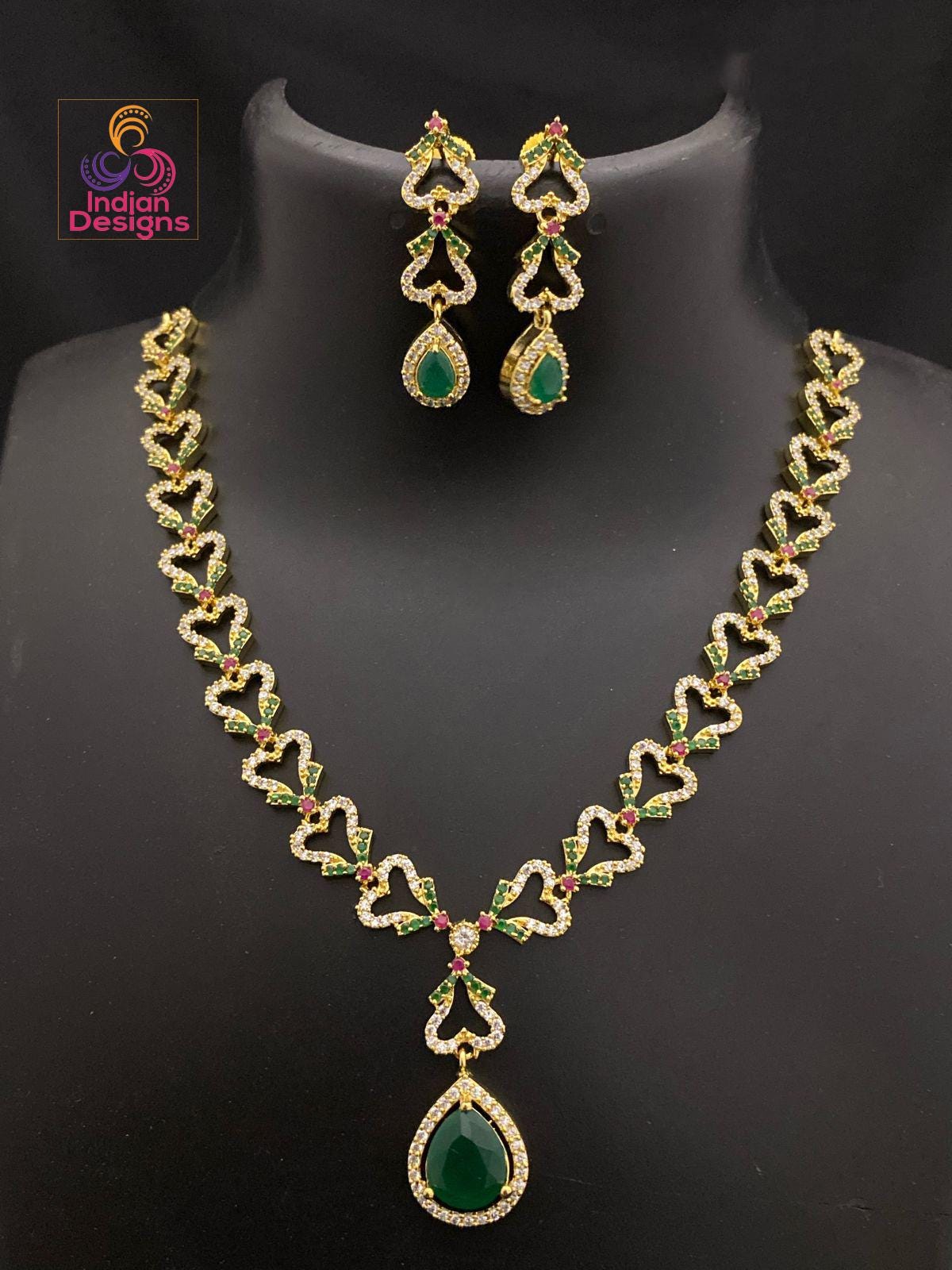 American Diamond Heart Link Necklace Set w/ Earrings | Gold Plated Teardrop Pendant | Green/Ruby Accents or White CZ | Bridal Party Jewelry