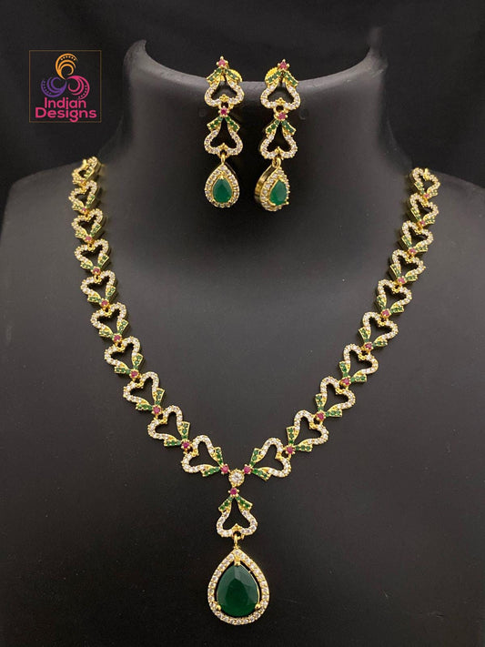 American Diamond Heart Link Necklace Set w/ Earrings | Gold Plated Teardrop Pendant | Green/Ruby Accents or White CZ | Bridal Party Jewelry