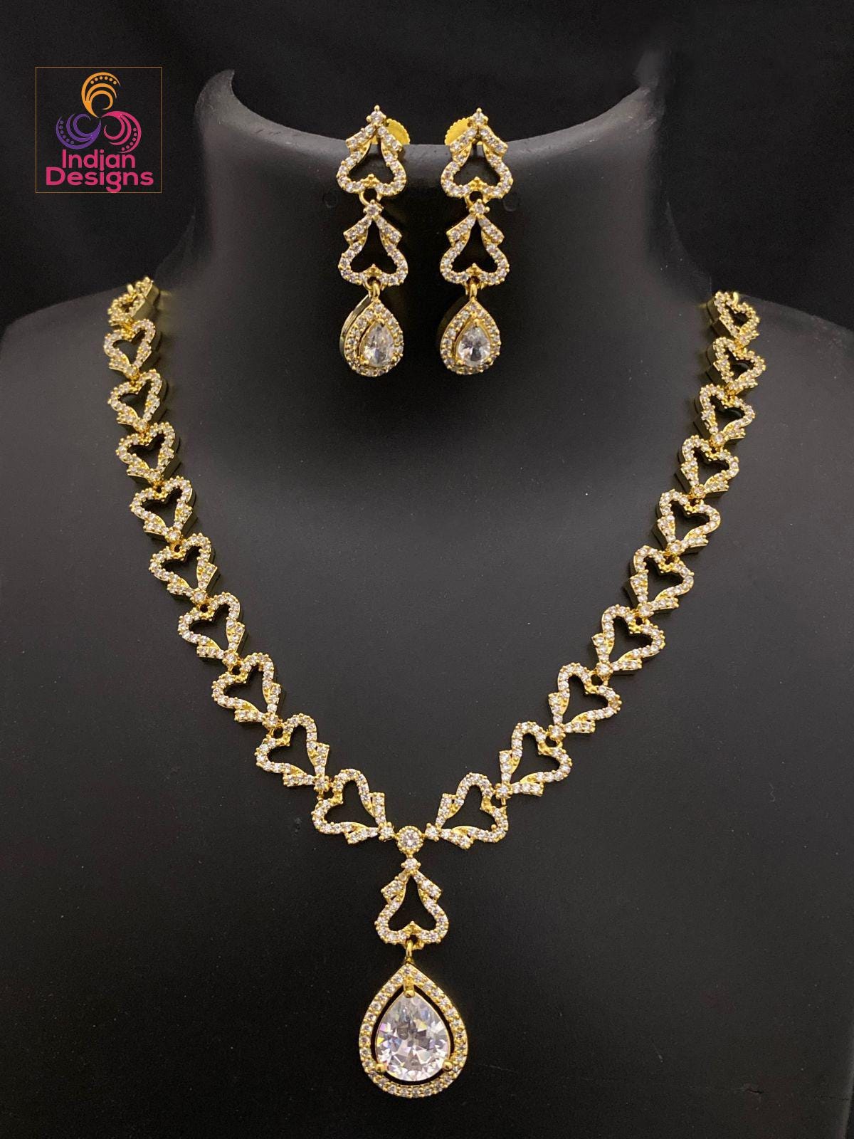 American Diamond Heart Link Necklace Set w/ Earrings | Gold Plated Teardrop Pendant | Green/Ruby Accents or White CZ | Bridal Party Jewelry