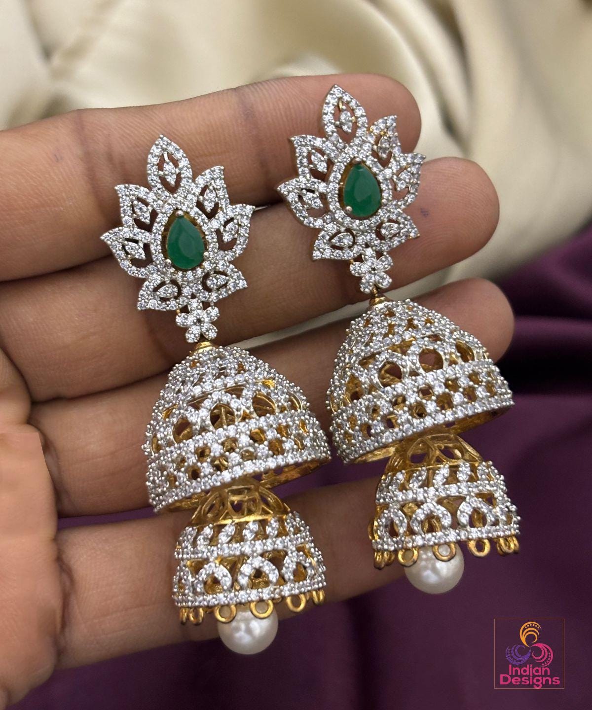American Diamond Jhumka Earrings| Gold Plated Statement Danglers with Pearl Drops| Ruby and Green CZ Wedding Party Earrings| Gift for her