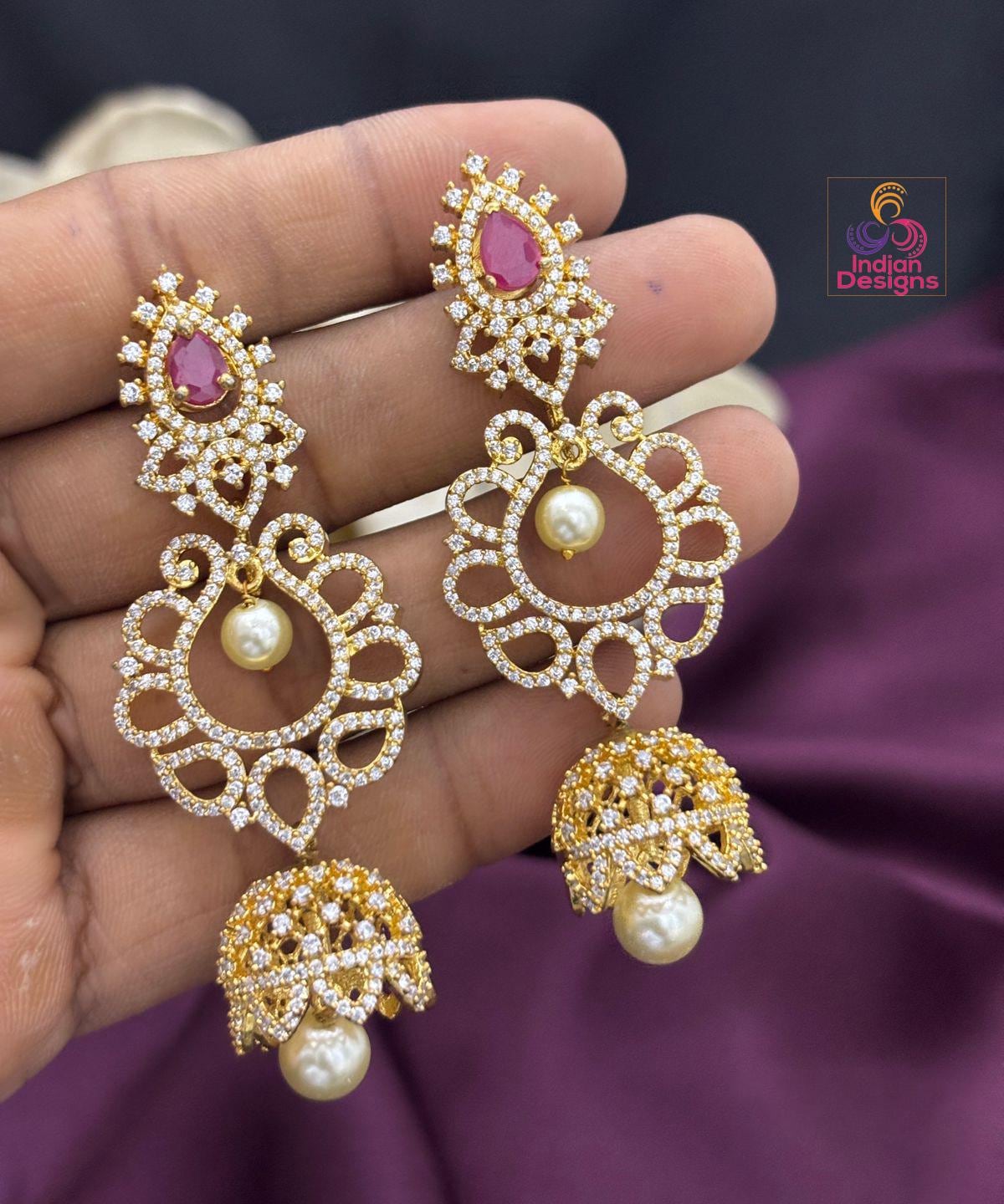 American Diamond Jhumka Earrings| Gold Plated Statement Danglers with Pearl Drops| Ruby and Green CZ Wedding Party Earrings| Gift for her