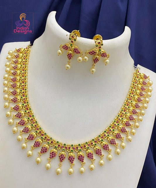 South Indian Temple Choker Necklace Set with Earrings| Gold Plated Ruby Green Pearl Bridal Jewelry| Traditional Wedding Jewelry|Gift for her
