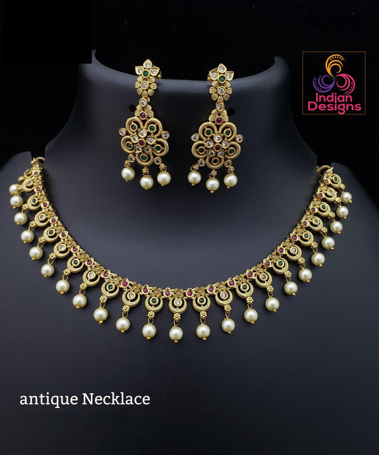 Traditional Antique Gold Necklace with Earrings | Matte Finish Temple Jewelry | South Indian Bridal & Festival Jewelry Set| Gift for her