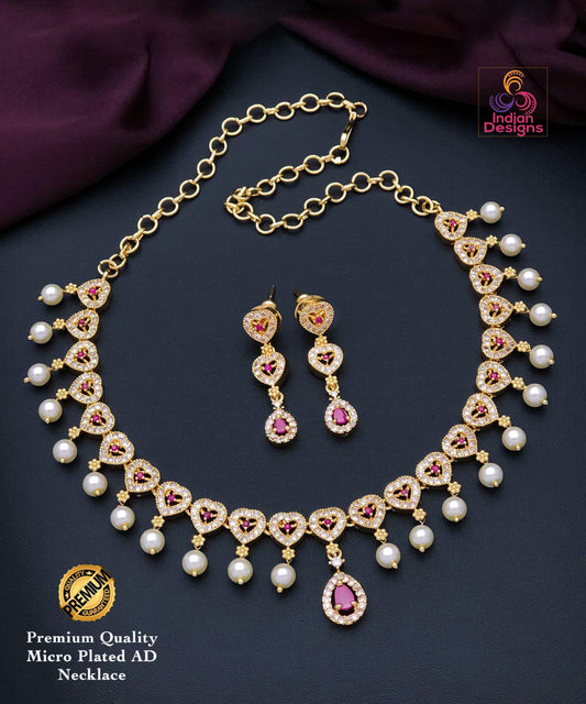 AD Stone Necklace Set with Earrings| 22K Gold Finish Jewelry | Ruby & Green Stone Bridal Party Wear NecklaceStatement Necklace| Gift for her