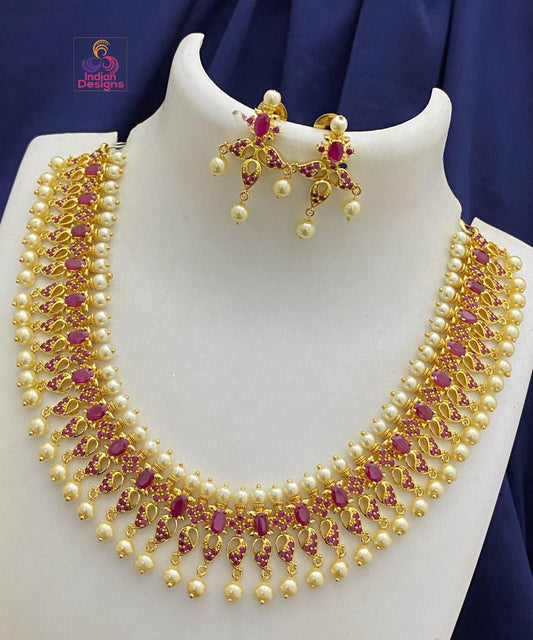 Gold Plated Ruby & Pearl Necklace Set with Earrings| wedding necklace earrings|ad stone necklace set| American Diamond necklace|Gift for her