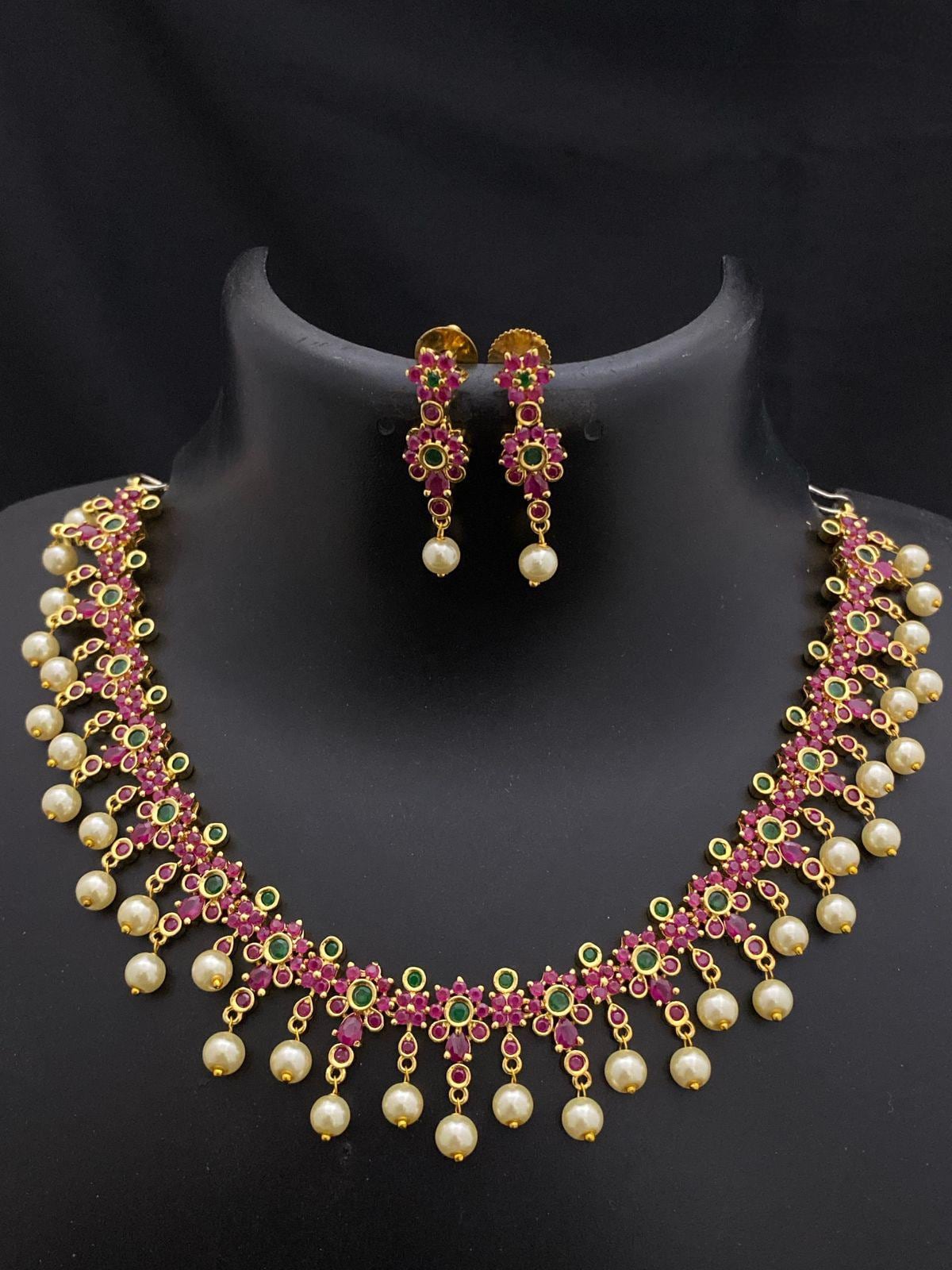 Gold Plated AD stone Ruby & Pearl Necklace Set with Earrings| Gift for her Indian jewelry| American Diamond Necklace| collar choker necklace