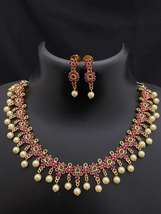 Gold Plated AD stone Ruby & Pearl Necklace Set with Earrings| Gift for her Indian jewelry| American Diamond Necklace| collar choker necklace