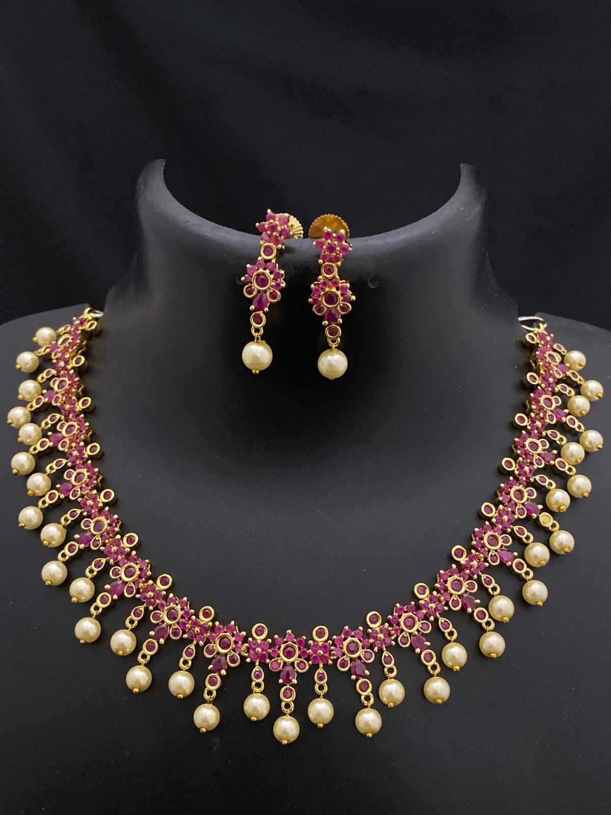 Gold Plated AD stone Ruby & Pearl Necklace Set with Earrings| Gift for her Indian jewelry| American Diamond Necklace| collar choker necklace