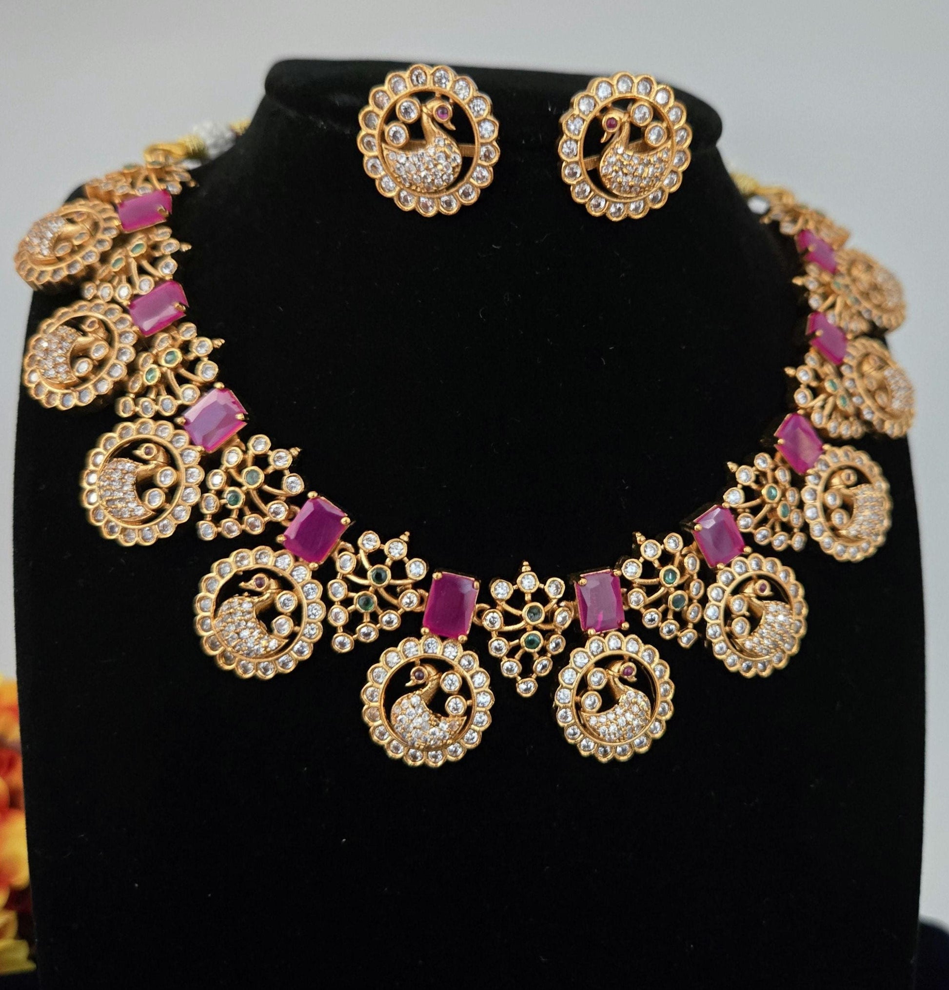 Antique Matte Gold Peacock Necklace Set with Earrings| Ruby & Green CZ Temple Jewelry| South Indian Bridal Wedding Necklace| Gift for her