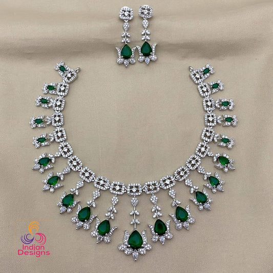 American Diamond Necklace Set &Earrings| Teardrop AD stone Silver necklace| Green / Pink / Ruby / White Bridal Wedding Jewelry| Gift for her