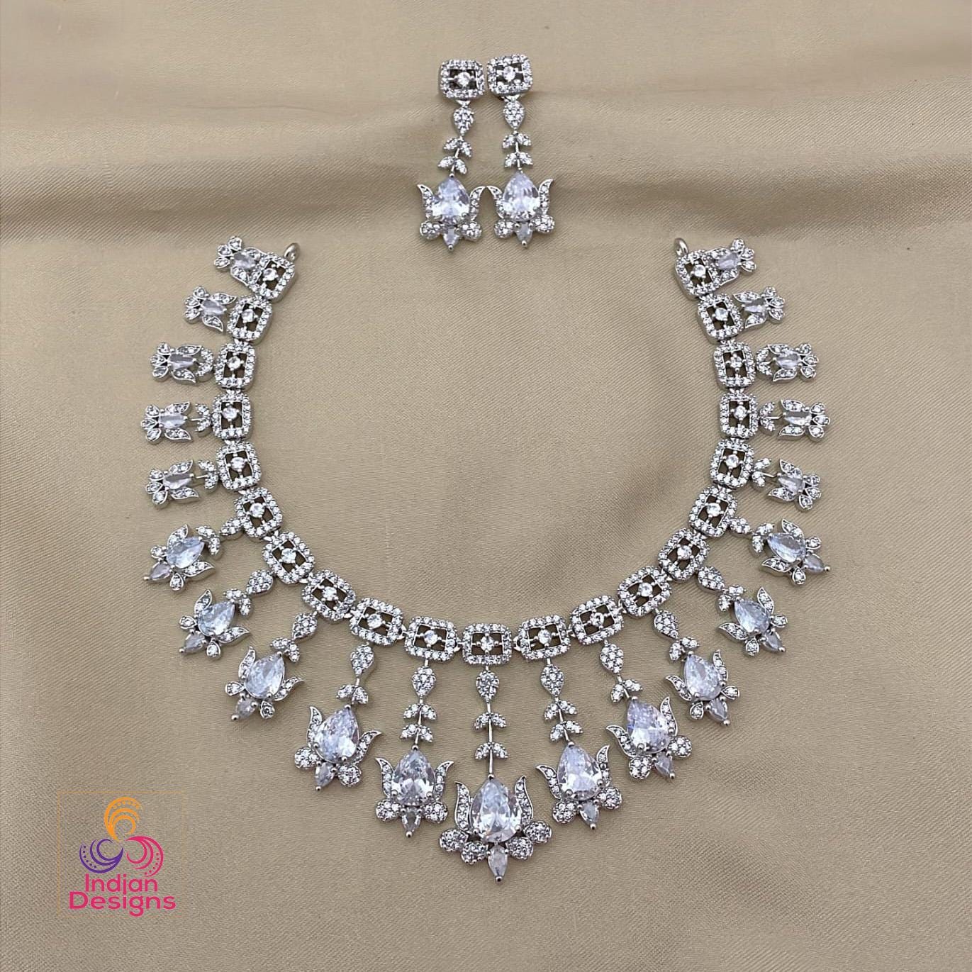 American Diamond Necklace Set &Earrings| Teardrop AD stone Silver necklace| Green / Pink / Ruby / White Bridal Wedding Jewelry| Gift for her