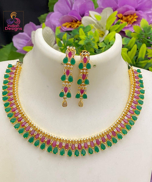 Gold Plated Ruby & Green CZ Necklace Set with Earrings| Teardrop Marquise Collar set |Indian Bridal Wedding and Party Jewelry| Gift For her