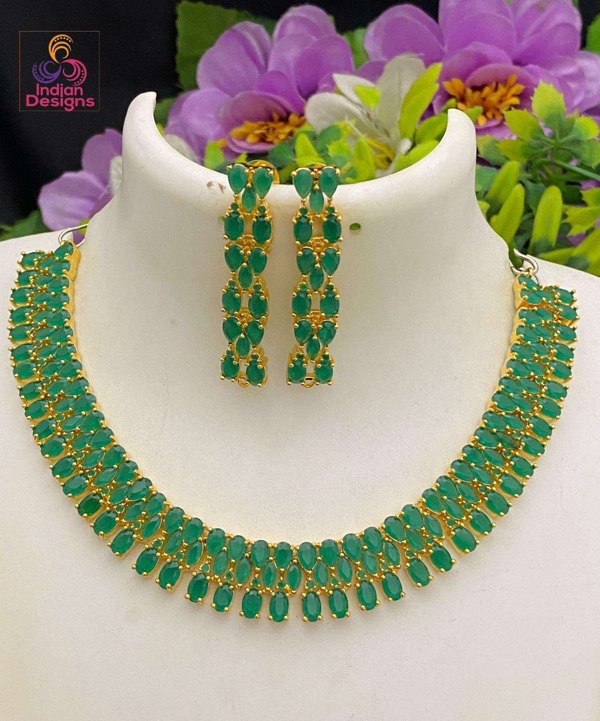 Gold Plated Ruby & Green CZ Necklace Set with Earrings| Teardrop Marquise Collar set |Indian Bridal Wedding and Party Jewelry| Gift For her