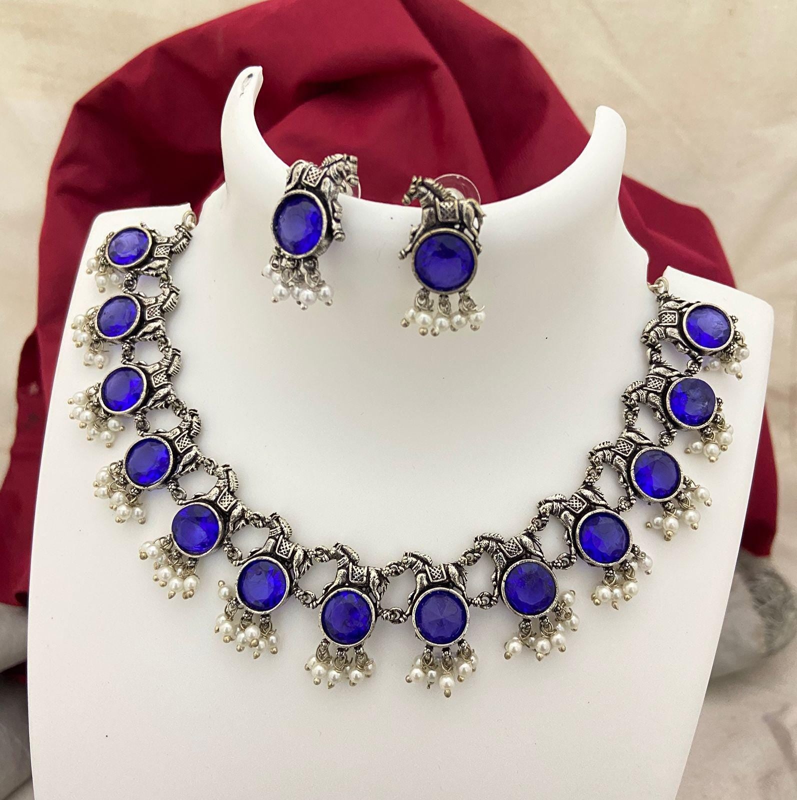 Oxidized Silver Choker Necklace Set with Earrings| bohemian necklace set|Black, Blue, Red,Green, Yellow,Purple Stones| Indian Ethnic Jewelry