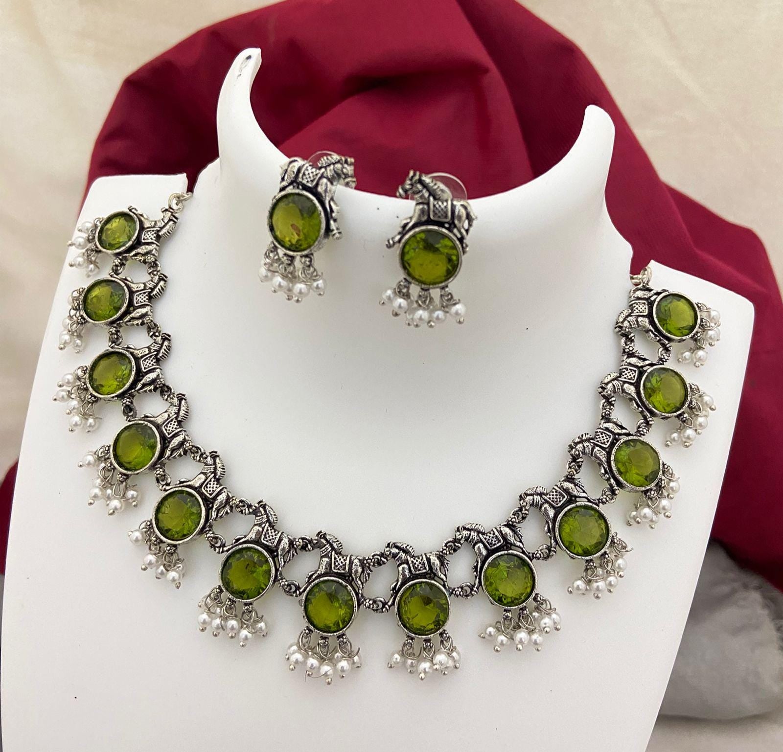 Oxidized Silver Choker Necklace Set with Earrings| bohemian necklace set|Black, Blue, Red,Green, Yellow,Purple Stones| Indian Ethnic Jewelry
