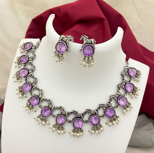 Oxidized Silver Choker Necklace Set with Earrings| bohemian necklace set|Black, Blue, Red,Green, Yellow,Purple Stones| Indian Ethnic Jewelry