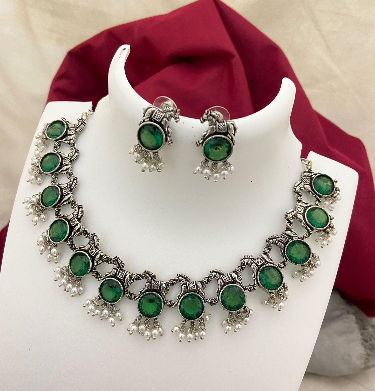 Oxidized Silver Choker Necklace Set with Earrings| bohemian necklace set|Black, Blue, Red,Green, Yellow,Purple Stones| Indian Ethnic Jewelry