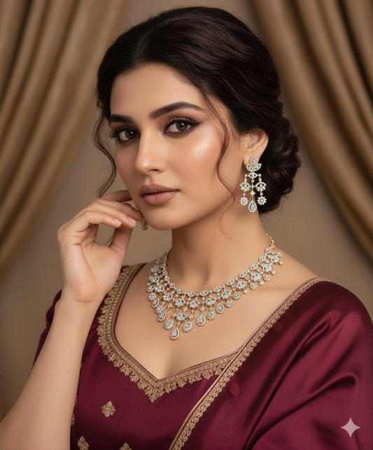 Luxury AD Necklace Set with Earrings | CZ Choker Necklace | Bridal Wedding Jewelry | Gold Finish American Diamond Necklace| Gift for Her