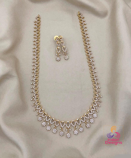 American Diamond Floral Dangle Necklace Set with Earrings| Gold Plated CZ Heart-Loop Long Short Necklace| Bridal Wedding Party Wear Jewelry