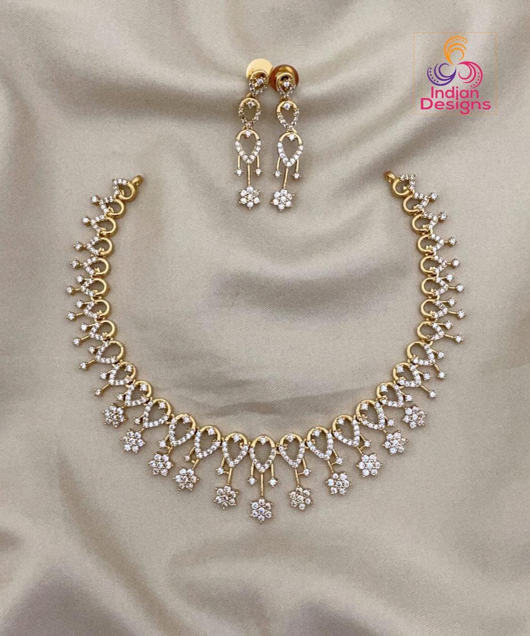 American Diamond Floral Dangle Necklace Set with Earrings| Gold Plated CZ Heart-Loop Long Short Necklace| Bridal Wedding Party Wear Jewelry