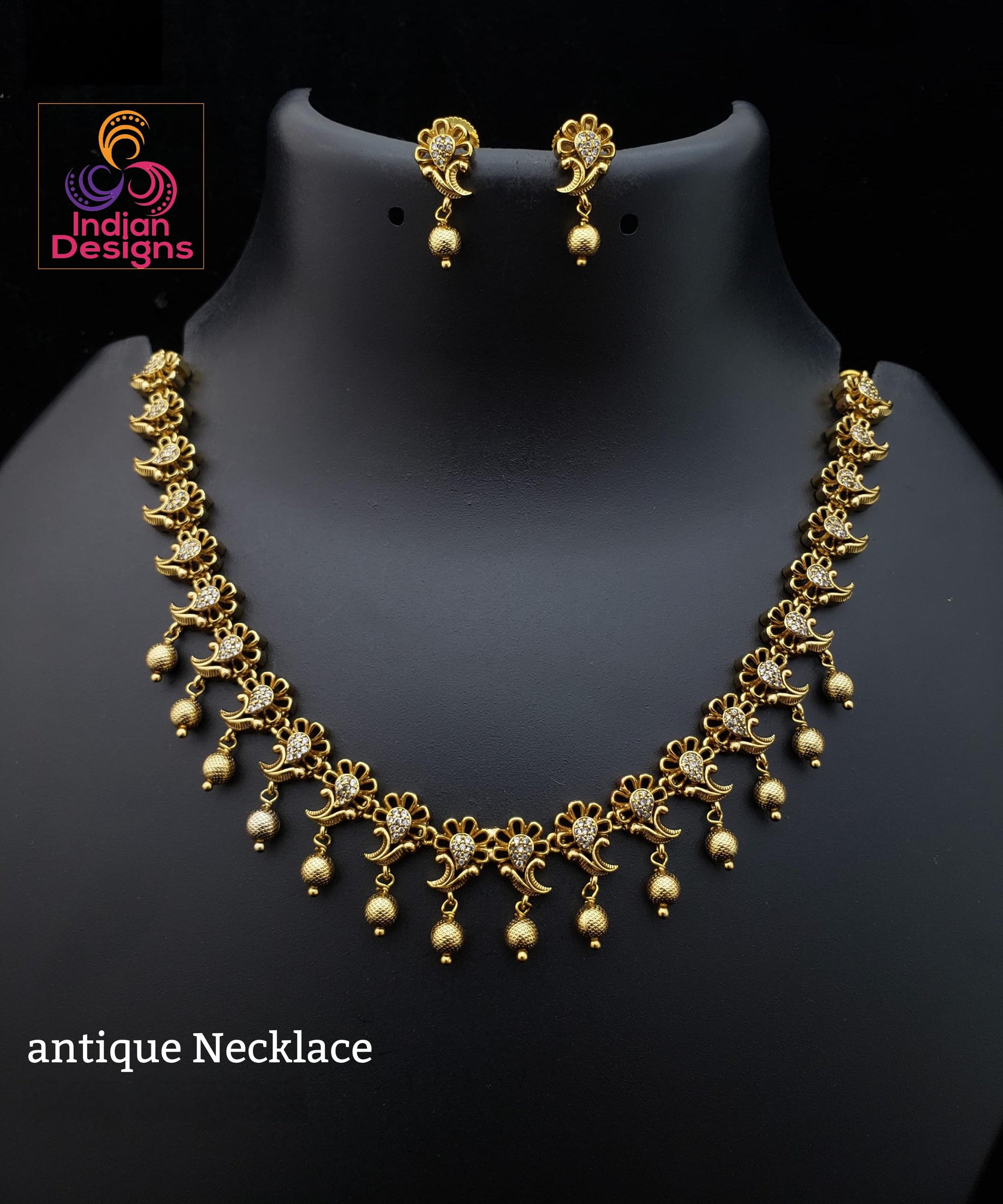 Antique Matte Gold Plated Necklace Set with Earrings| Traditional Indian Short necklace| Traditional south Indian style Simple choker set