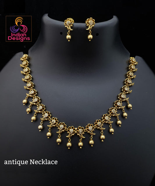 Antique Matte Gold Plated Necklace Set with Earrings| Traditional Indian Short necklace| Traditional south Indian style Simple choker set