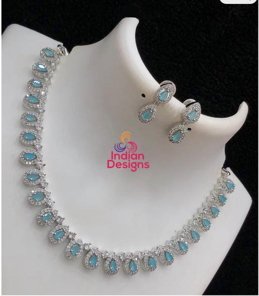 American Diamond Oxidized Tone Necklace Set with Earrings| Emerald-Cut CZ Stations| Rhodium/Gold Two-Tone| Clear or Champagne Bridal Jewelry
