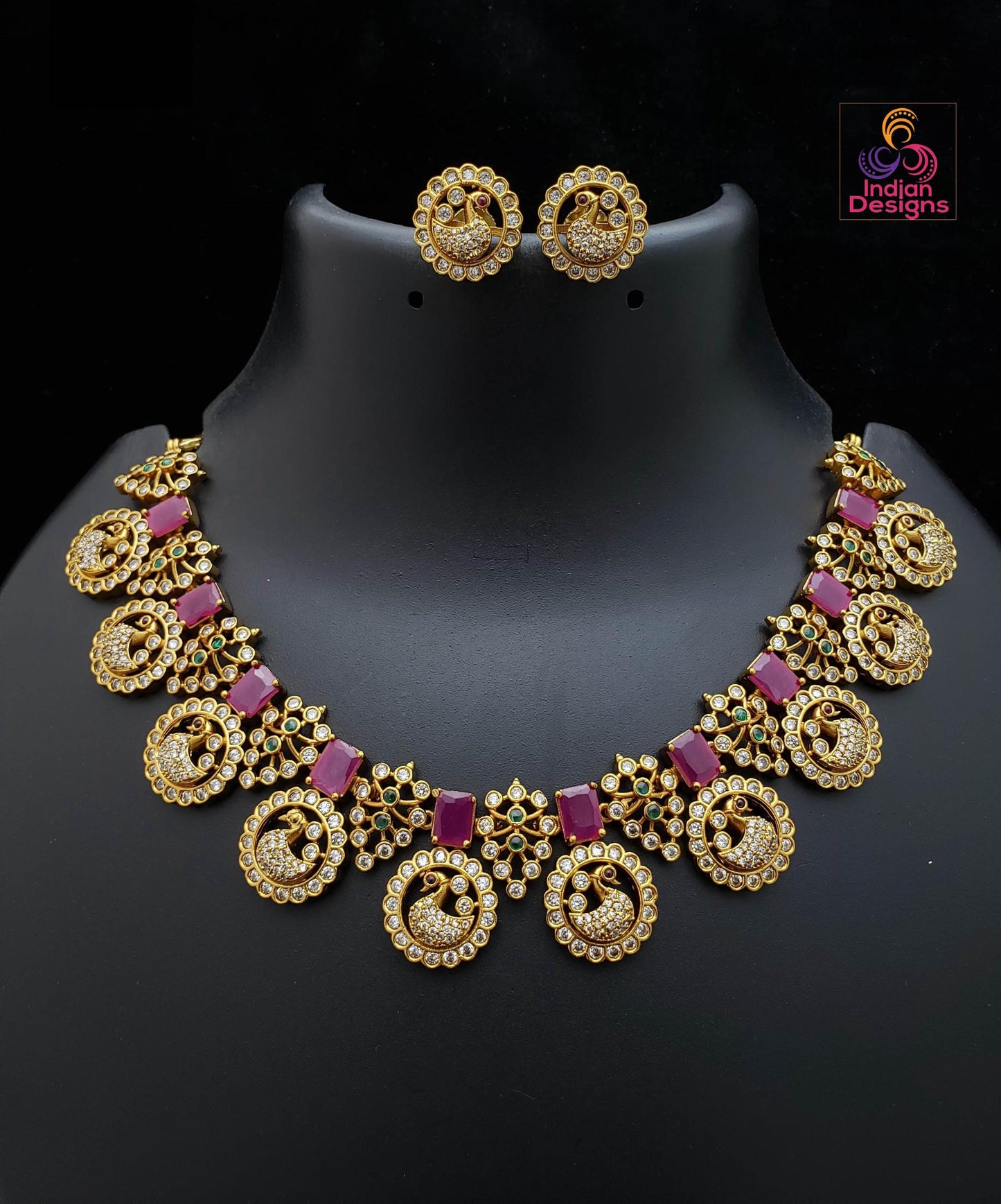 Antique Matte Gold Peacock Necklace Set with Earrings| Ruby & Green CZ Temple Jewelry| South Indian Bridal Wedding Necklace| Gift for her