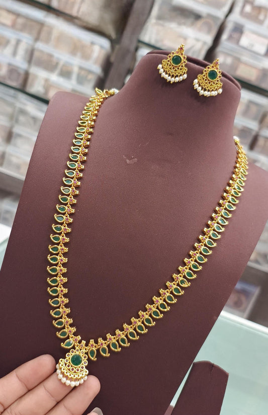 Indian Ruby Emerald Necklace Set| Gold Plated Mango Motif AD Stone & Pearl Drop Traditional Wedding Jewelry| South Indian Style|Gift for her