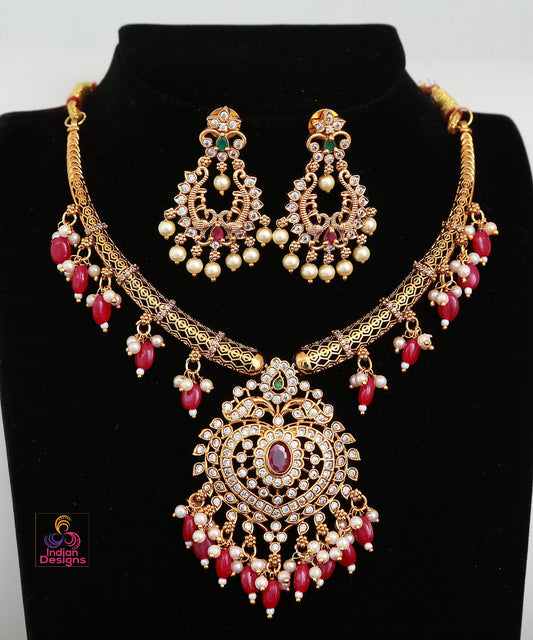 Antique Gold Ruby & Green necklace Earrings Set| Traditional AD Stone Choker| South Indian Wedding Party wear jewelry Set | Gift for her