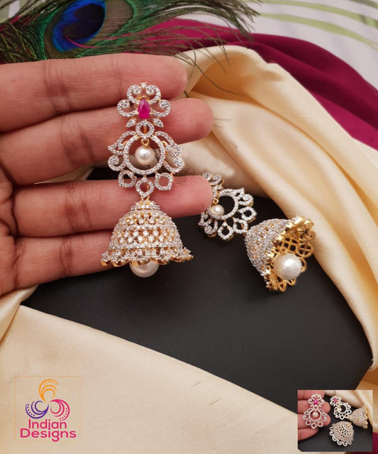 American Diamond Jhumka Earrings| CZ Stone Pearl Drop Jhumka Jhumki| 18K Gold Plated Long Indian Earrings by Indian Designs Gift for her