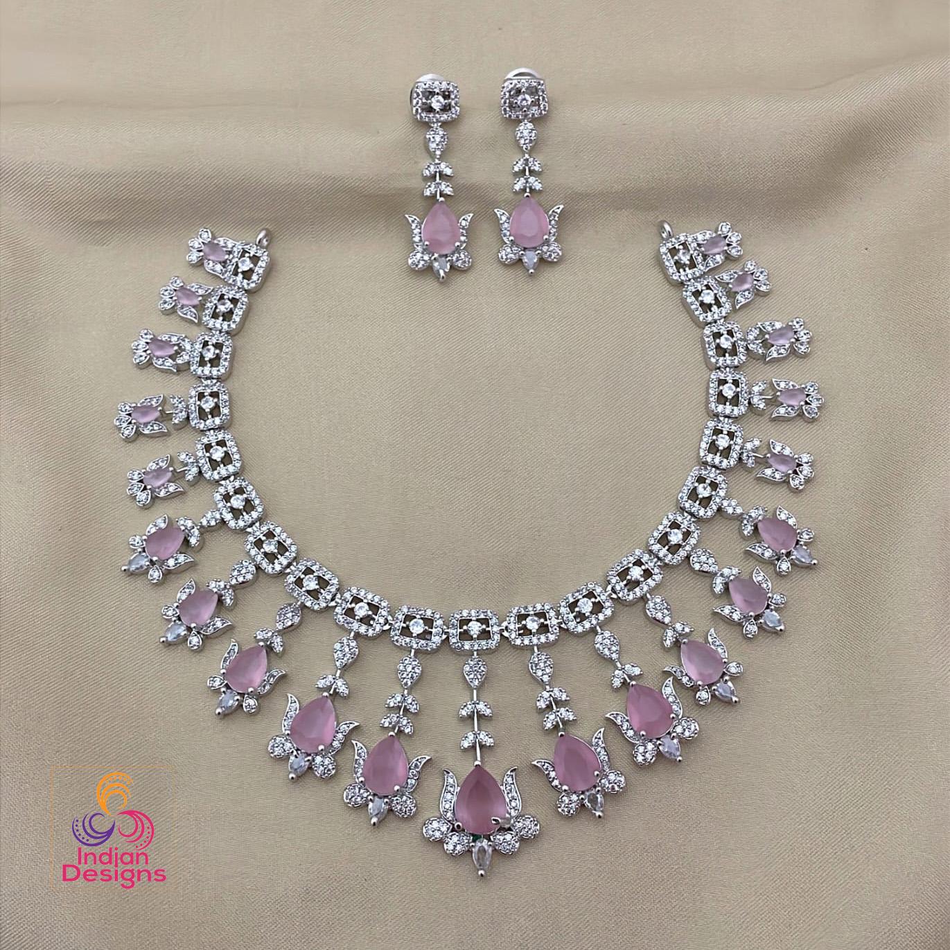 American Diamond Necklace Set &Earrings| Teardrop AD stone Silver necklace| Green / Pink / Ruby / White Bridal Wedding Jewelry| Gift for her