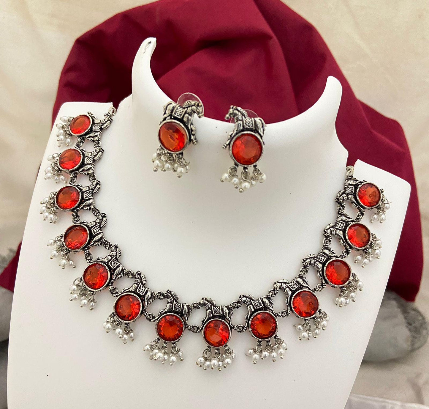 Oxidized Silver Choker Necklace Set with Earrings| bohemian necklace set|Black, Blue, Red,Green, Yellow,Purple Stones| Indian Ethnic Jewelry