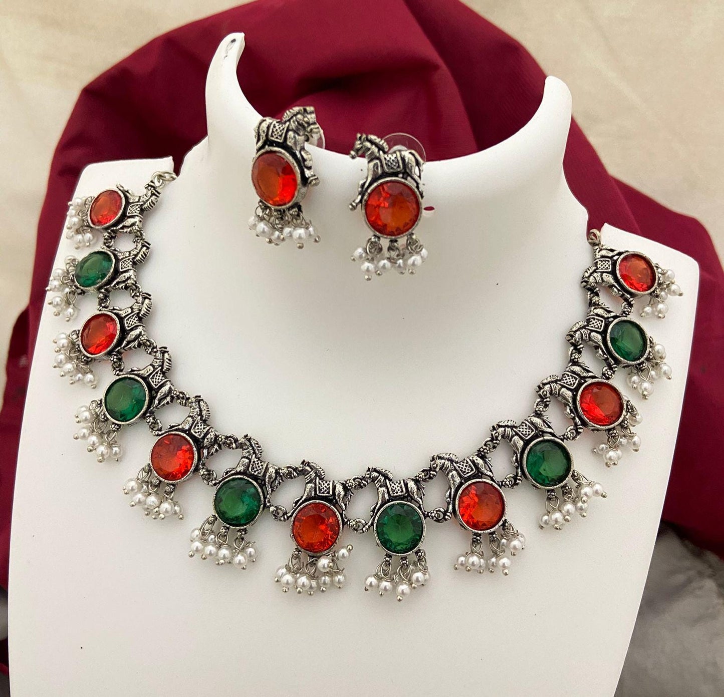 Oxidized Silver Choker Necklace Set with Earrings| bohemian necklace set|Black, Blue, Red,Green, Yellow,Purple Stones| Indian Ethnic Jewelry