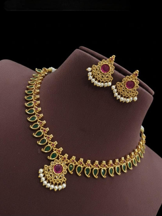 Indian Ruby Emerald Necklace short Set| Gold Plated Palakka mala AD Stone & Pearl Drop Traditional South Indian Wedding Jewelry|Gift for her
