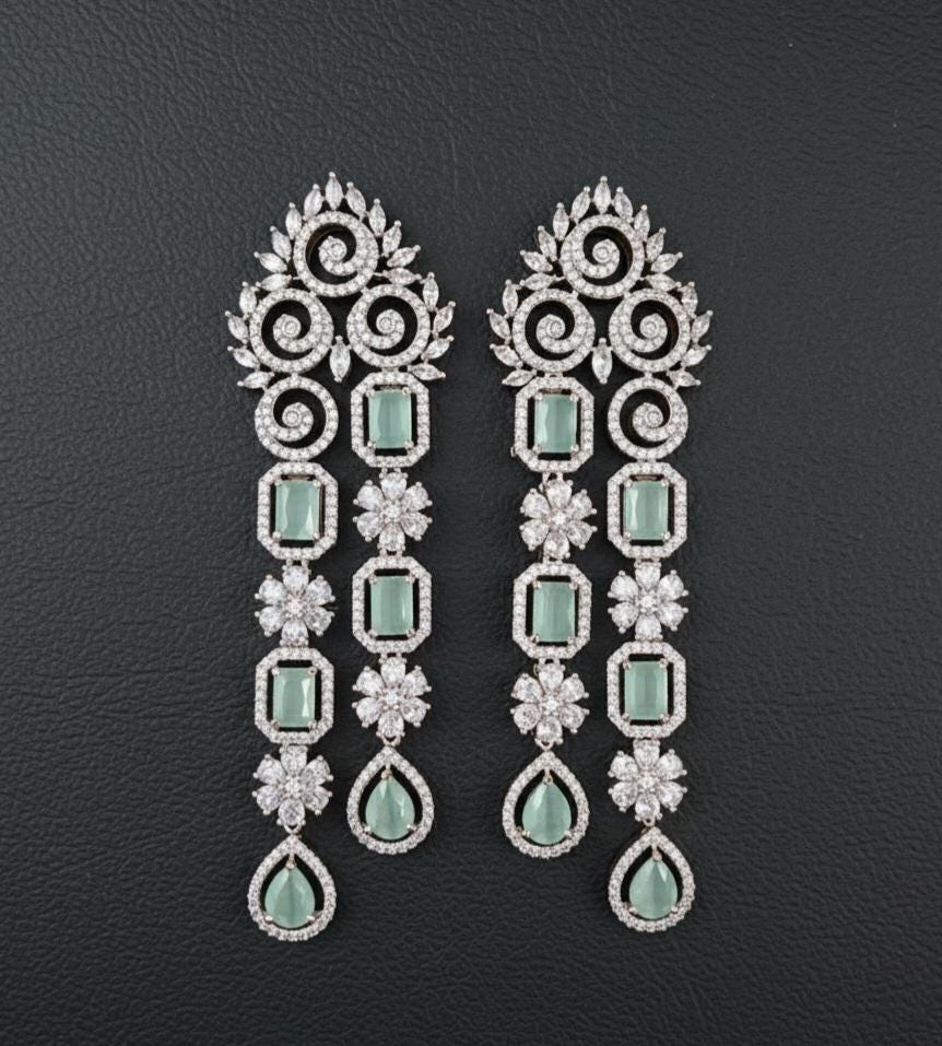 Silver earrings women | AD Floral Drop Dangler Earrings | Swarovski drop and dangle earrings | CZ stones Bollywood earrings online shopping