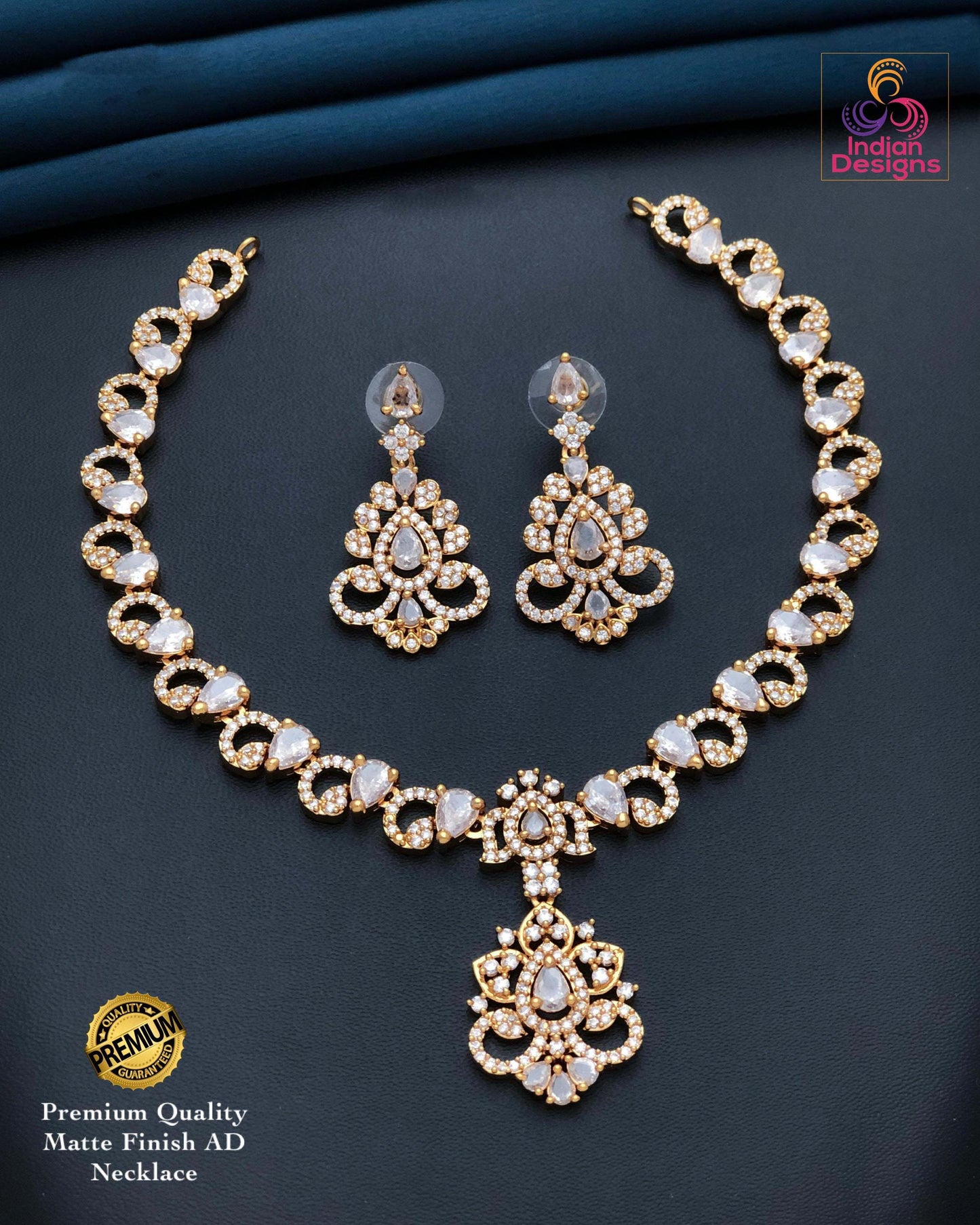 Matte Finish AD Necklace Set| American Diamond Jewelry| Lightweight Bridal Necklace with Earrings| Indian Designs