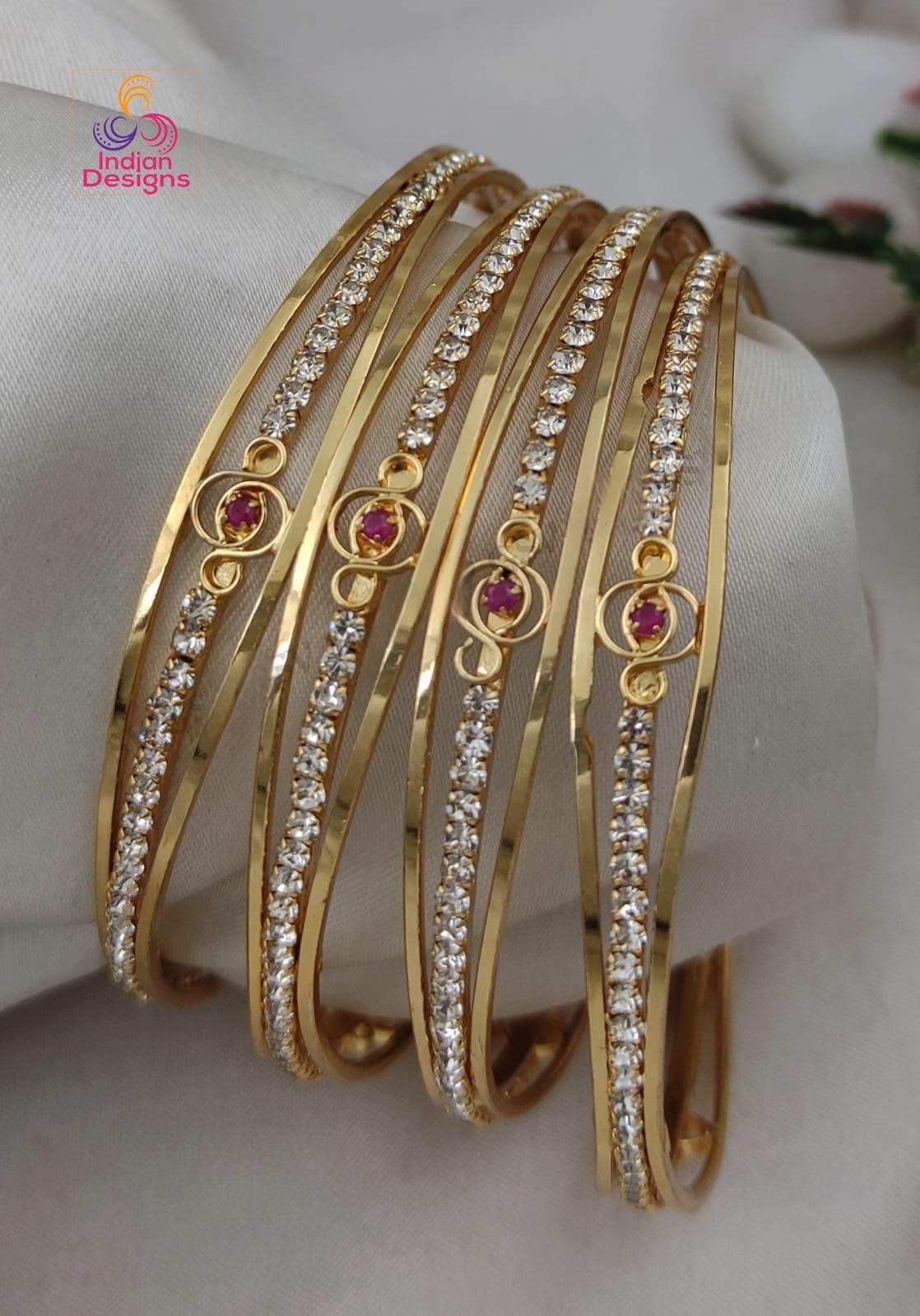 Gold Plated AD Stone Bangles set of 4| Lightweight American Diamond Ruby Bangles|Indian Party wear Bangles| daily wear bangles| gift for her