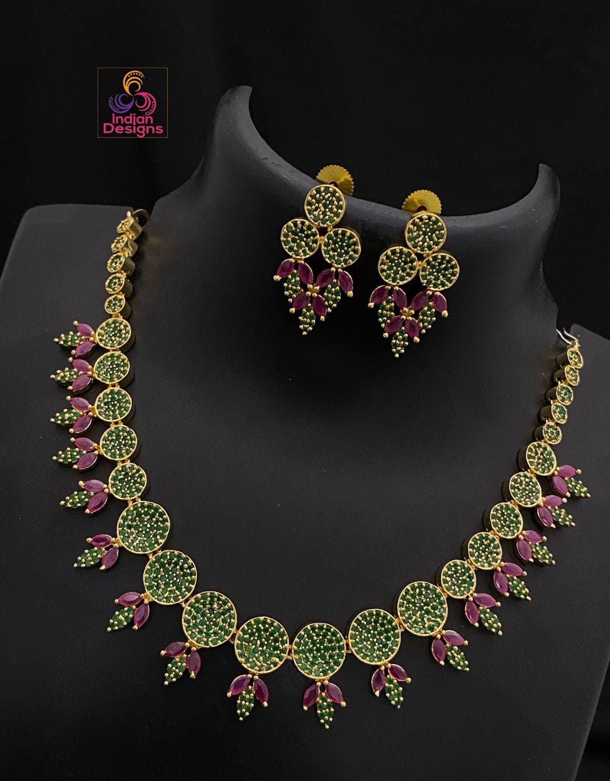 Round AD Stone Necklace Set| Gold Plated Choker with Earrings| American Diamond Ruby Green CZ Necklace| South Indian style Set| Gift for Her
