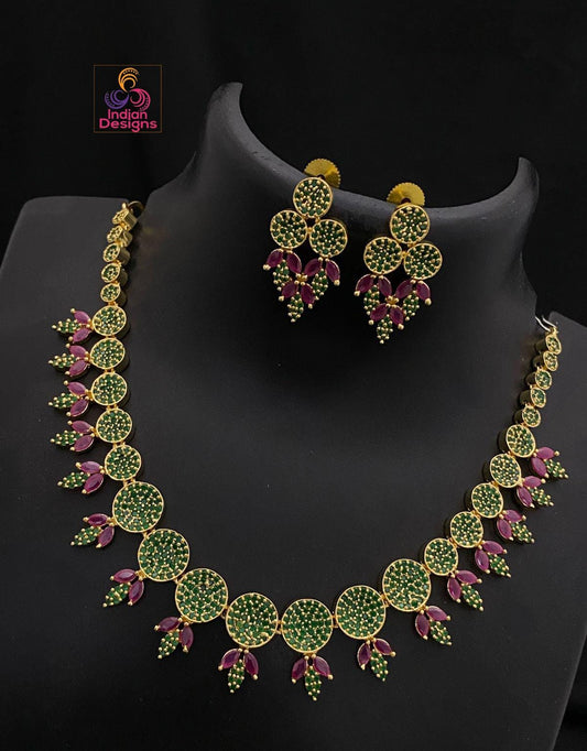 Round AD Stone Necklace Set| Gold Plated Choker with Earrings| American Diamond Ruby Green CZ Necklace| South Indian style Set| Gift for Her