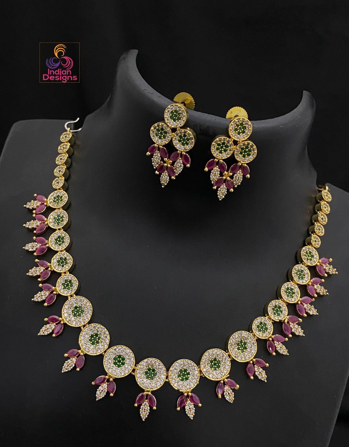 Round AD Stone Necklace Set| Gold Plated Choker with Earrings| American Diamond Ruby Green CZ Necklace| South Indian style Set| Gift for Her