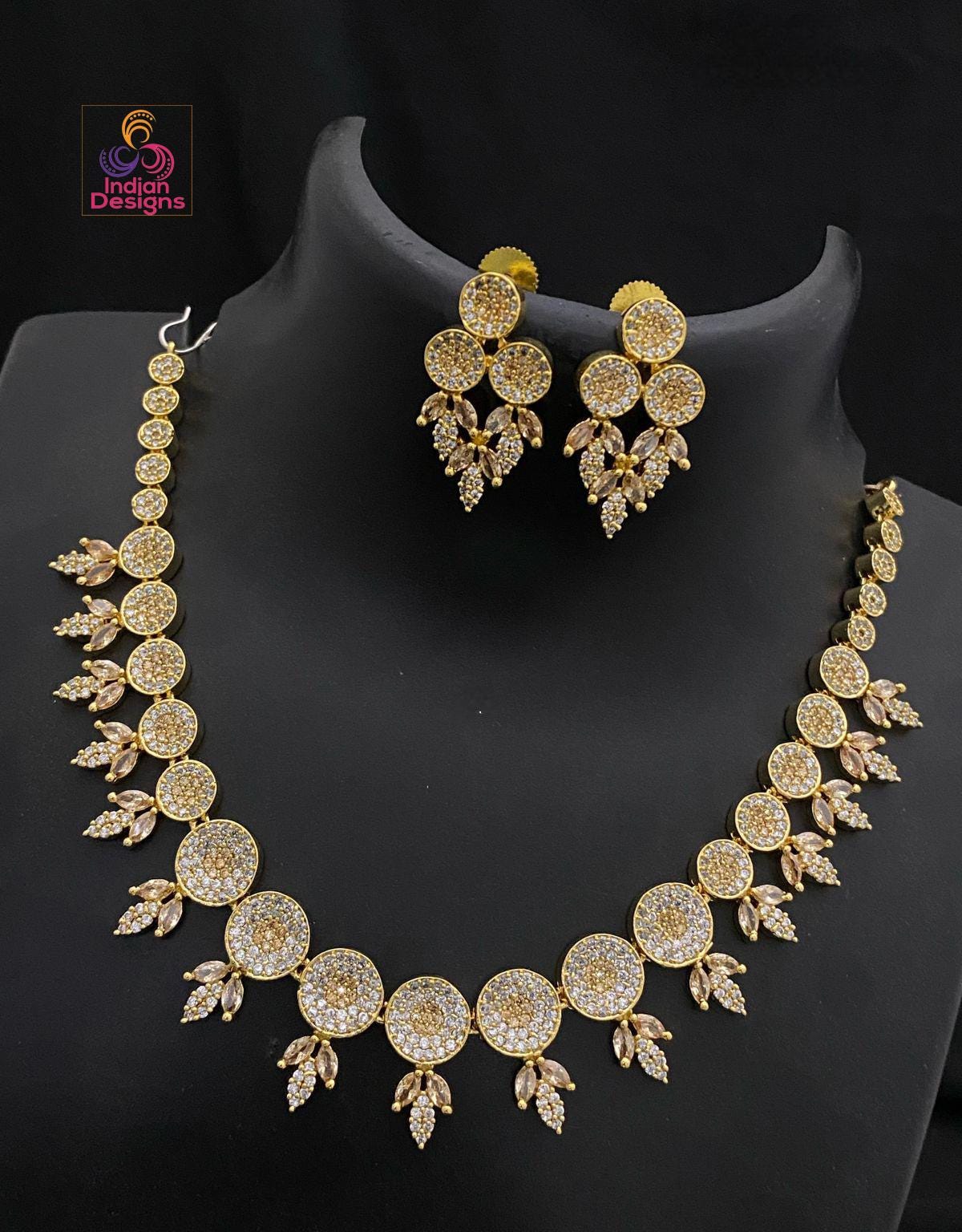 Round AD Stone Necklace Set| Gold Plated Choker with Earrings| American Diamond Ruby Green CZ Necklace| South Indian style Set| Gift for Her