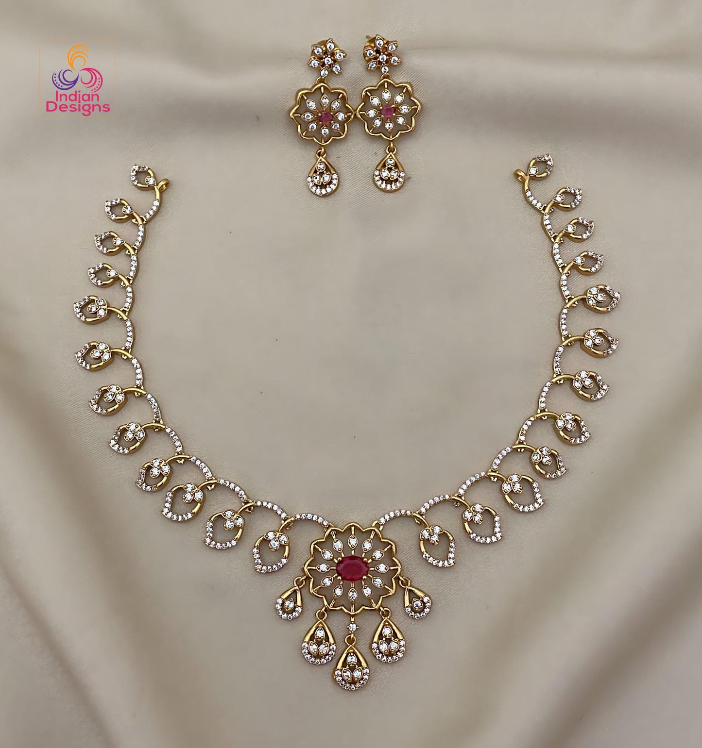 Floral AD Stone Necklace Set with Earrings| Gold Finish CZ Jewelry| Ruby, Green, Blue, Turquoise Necklace| Indian Wedding Necklace Set