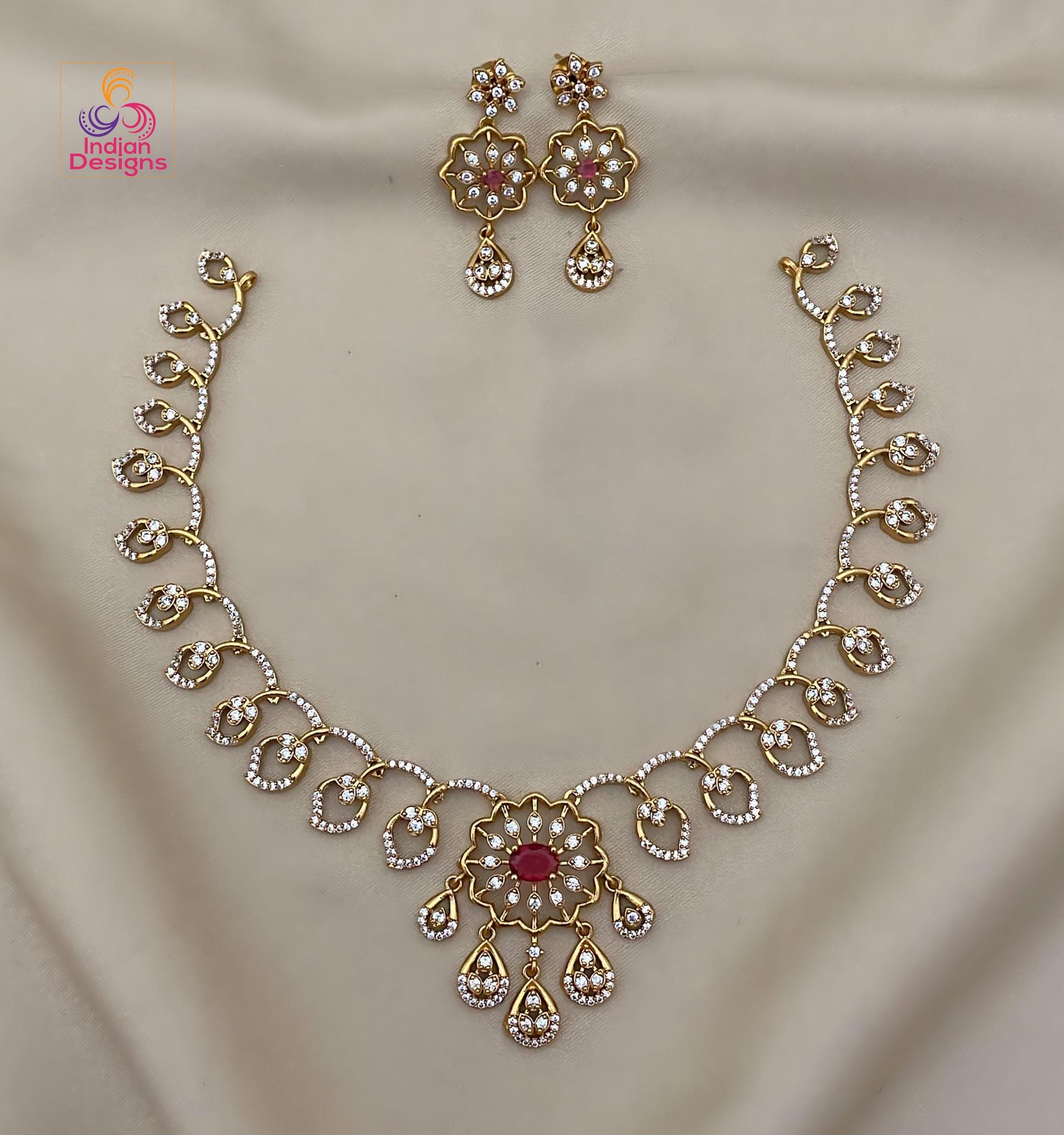Floral AD Stone Necklace Set with Earrings| Gold Finish CZ Jewelry| Ruby, Green, Blue, Turquoise Necklace| Indian Wedding Necklace Set