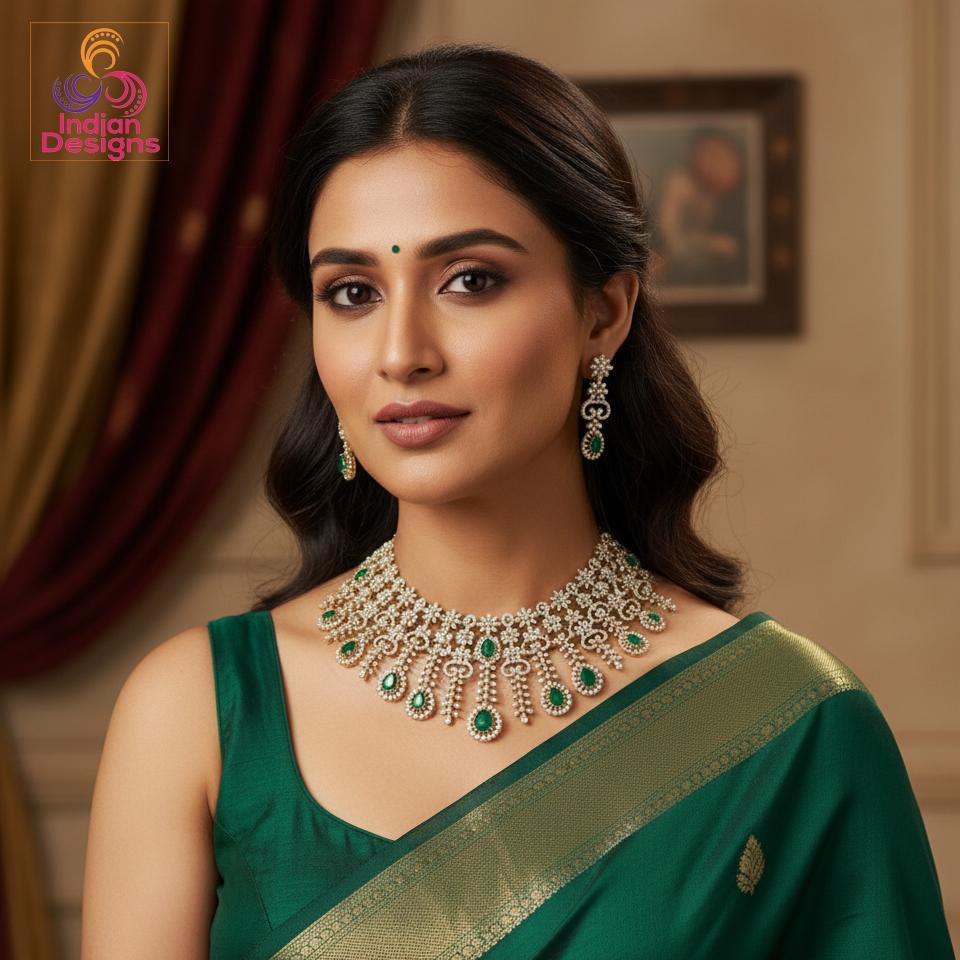 Emerald CZ Bridal Necklace Set with Earrings| GJ polish Indian Wedding Jewelry| Statement Necklace| Big American Diamond Choker|Gift for her