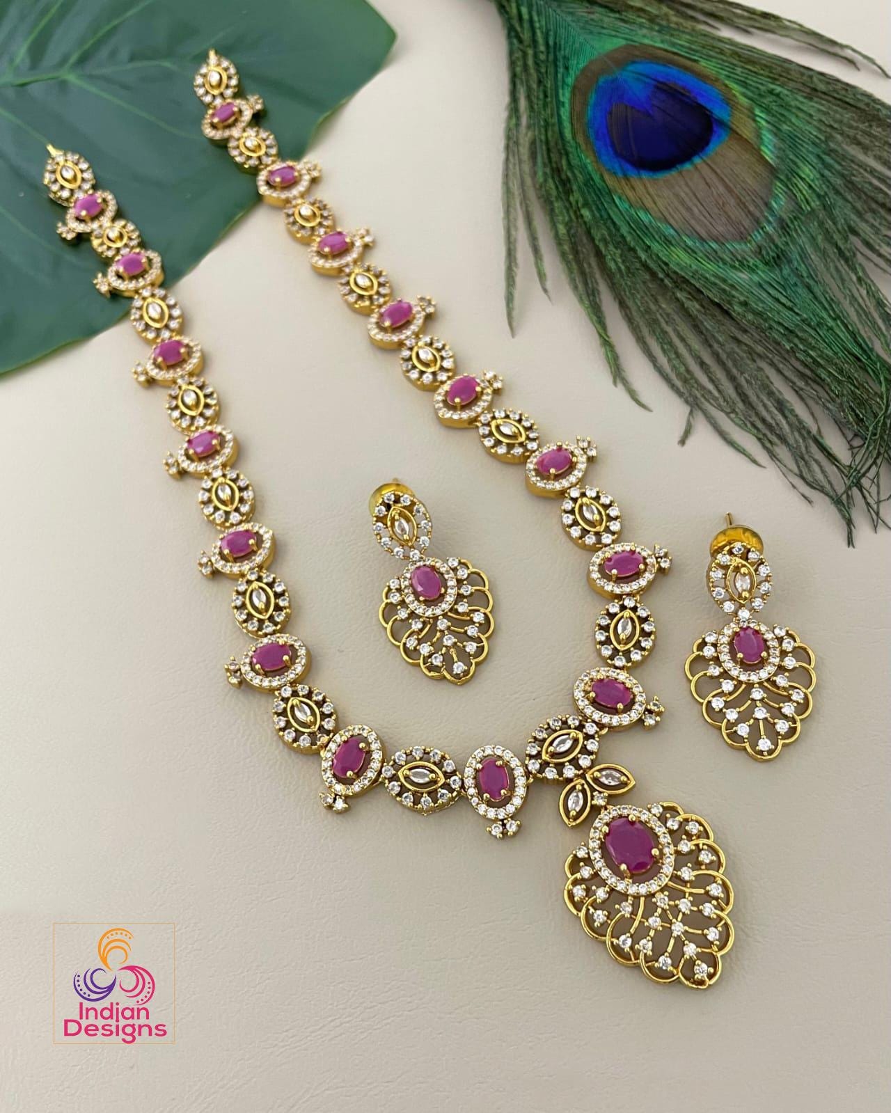 Ruby & Emerald AD Stone Necklace Set| Matte Gold Finish Bridal Jewelry| Long Haram Necklace with Earrings| Indian Wedding Jewelry| Gift set