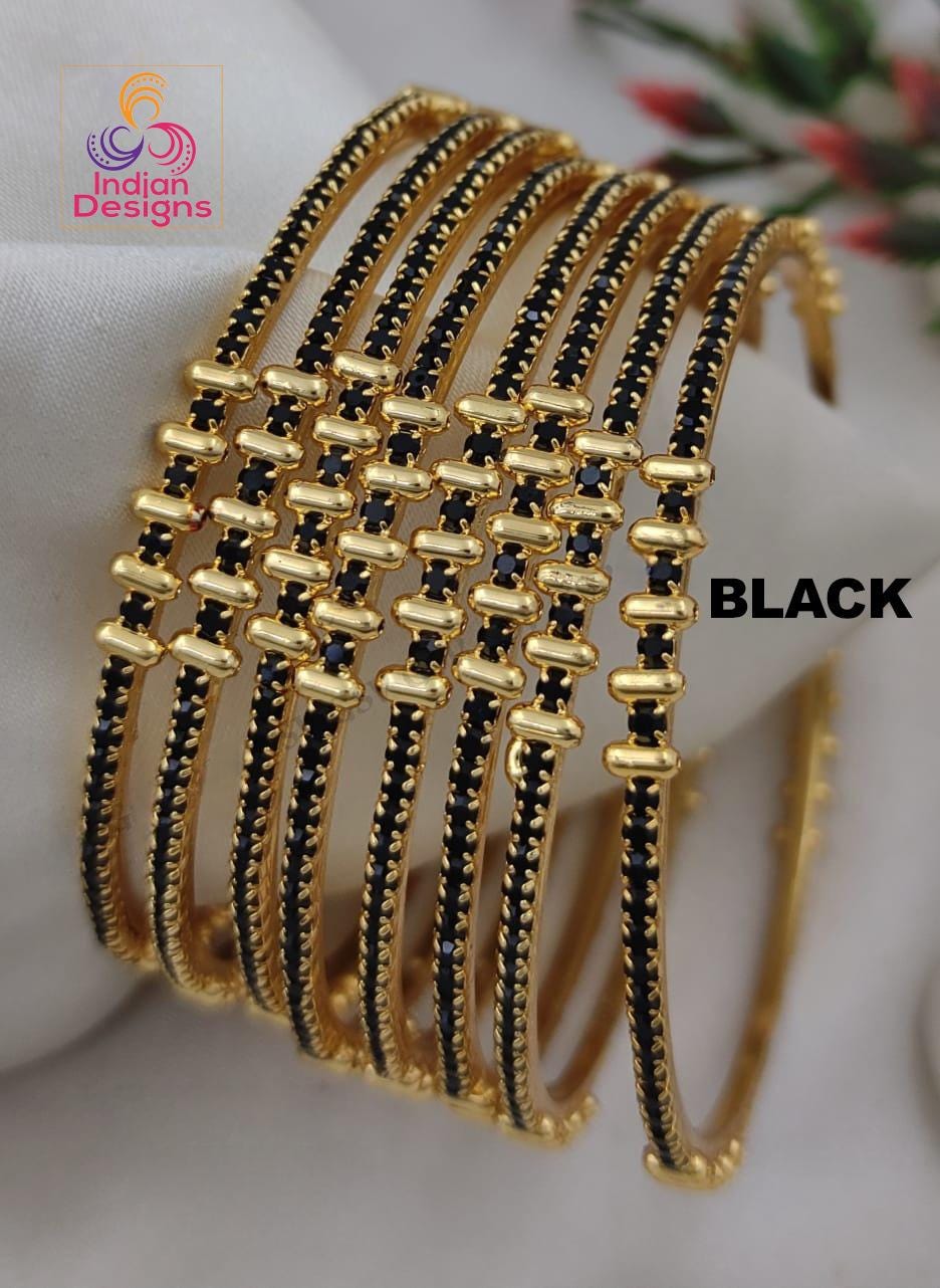 Gold Plated Indian Bangles Set of 8| Black & White CZ Stone Bangles| Minimalist PartyWear bracelet bangle| Lightweight bangles| Gift for her