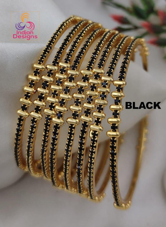Gold Plated Indian Bangles Set of 8| Black & White CZ Stone Bangles| Minimalist PartyWear bracelet bangle| Lightweight bangles| Gift for her